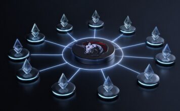 3D-Illustration eines vernetzten Liquiditätsnetzwerks mit zentralem Knoten und mehreren verbundenen Blockchain-Netzwerken.