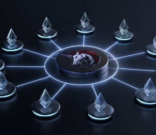 3D-Illustration eines vernetzten Liquiditätsnetzwerks mit zentralem Knoten und mehreren verbundenen Blockchain-Netzwerken.