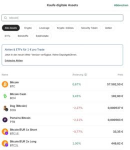Bitpanda Asset-Auswahl mit Bitcoin-Suche und Übersicht verfügbarer Kryptowährungen