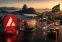 Avalanche-Logo neben digitalem Tresor und Finanzsymbolen vor der Skyline von Rio de Janeiro.