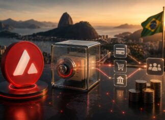 Avalanche-Logo neben digitalem Tresor und Finanzsymbolen vor der Skyline von Rio de Janeiro.