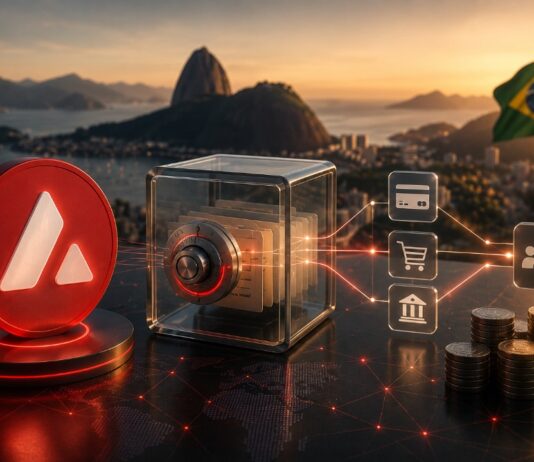 Avalanche-Logo neben digitalem Tresor und Finanzsymbolen vor der Skyline von Rio de Janeiro.