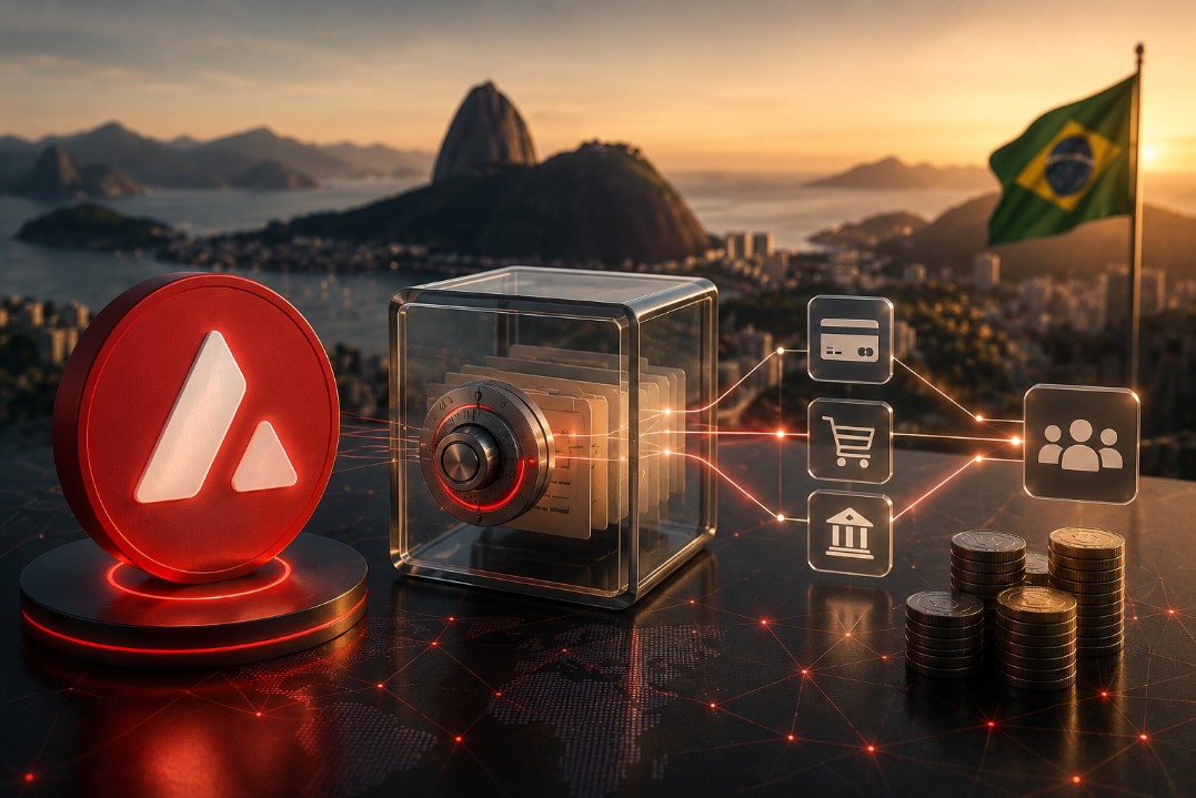 Avalanche-Logo neben digitalem Tresor und Finanzsymbolen vor der Skyline von Rio de Janeiro.