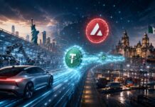 Hyundai testet Stablecoin-Zahlungen mit Avalanche und USDT Dramatische Visualisierung einer Stablecoin-Zahlung von Hyundai über USDT auf Avalanche zwischen den USA und Mexiko mit Autoindustrie, digitalem Zahlungsstrom, Hafen und Städten im Hintergrund.