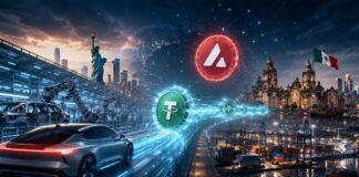 Dramatische Visualisierung einer Stablecoin-Zahlung von Hyundai über USDT auf Avalanche zwischen den USA und Mexiko mit Autoindustrie, digitalem Zahlungsstrom, Hafen und Städten im Hintergrund.