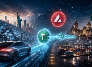 Hyundai testet Stablecoin-Zahlungen mit Avalanche und USDT Dramatische Visualisierung einer Stablecoin-Zahlung von Hyundai über USDT auf Avalanche zwischen den USA und Mexiko mit Autoindustrie, digitalem Zahlungsstrom, Hafen und Städten im Hintergrund.