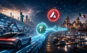 Dramatische Visualisierung einer Stablecoin-Zahlung von Hyundai über USDT auf Avalanche zwischen den USA und Mexiko mit Autoindustrie, digitalem Zahlungsstrom, Hafen und Städten im Hintergrund.