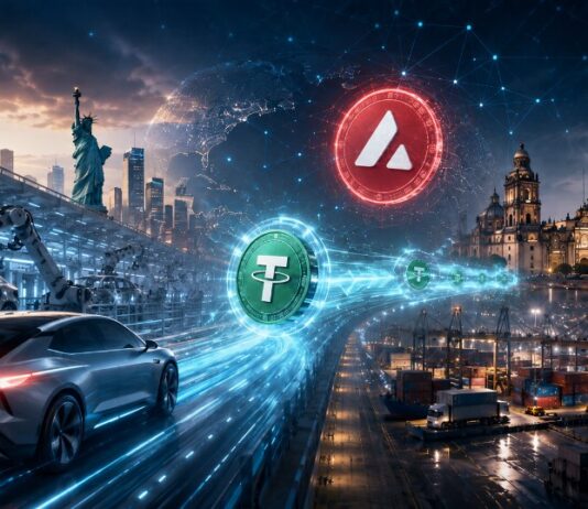 Dramatische Visualisierung einer Stablecoin-Zahlung von Hyundai über USDT auf Avalanche zwischen den USA und Mexiko mit Autoindustrie, digitalem Zahlungsstrom, Hafen und Städten im Hintergrund.