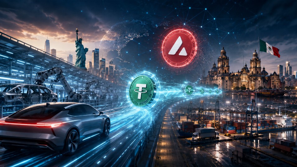Dramatische Visualisierung einer Stablecoin-Zahlung von Hyundai über USDT auf Avalanche zwischen den USA und Mexiko mit Autoindustrie, digitalem Zahlungsstrom, Hafen und Städten im Hintergrund.
