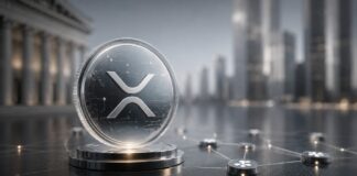 XRP-Münze in einem digitalen Finanznetzwerk vor moderner Bankenarchitektur