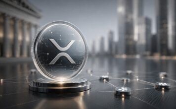 XRP-Münze in einem digitalen Finanznetzwerk vor moderner Bankenarchitektur