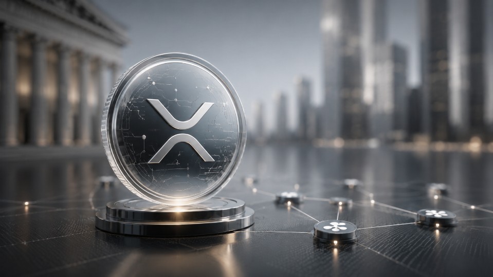 XRP-Münze in einem digitalen Finanznetzwerk vor moderner Bankenarchitektur