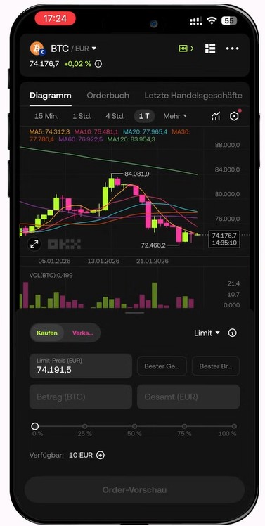 Screenshot der OKX-App auf einem Smartphone mit dem BTC/EUR-Handelspaar. Angezeigt werden ein Candlestick-Chart, Handelsvolumen sowie die Eingabefelder für eine Kauf- oder Verkaufsorder.