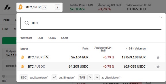 Suchfunktion von Bitvavo zum Finden des BTC/EUR-Handelspaars mit aktuellen Kurs-, 24-Stunden-Änderungs- und Handelsvolumendaten.