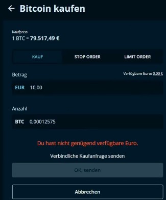 BISON Kaufmaske für Bitcoin mit Kaufbetrag sowie Market-, Stop- und Limit-Order.