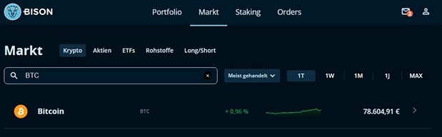 BISON Marktplatz mit Bitcoin-Suche und aktuellem BTC-Kurs.