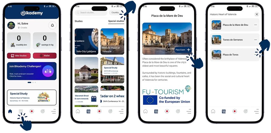 Bikademy-App zeigt die Fahrradtour „Historic Heart of Valencia“ mit Belohnungen in B3TR-Token auf der VeChain-Blockchain.