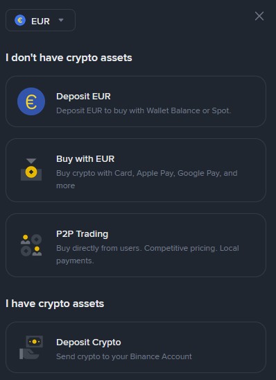 Binance-Einzahlungsmenü mit Optionen zum Einzahlen von Euro oder Kryptowährungen sowie Kauf per Karte oder P2P-Handel.