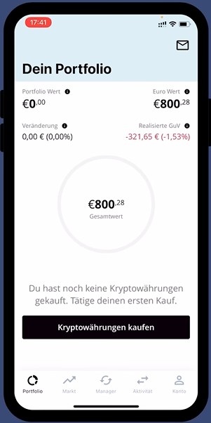 BISON App mit Portfolioübersicht, Gesamtvermögen und Kaufoption für Kryptowährungen.