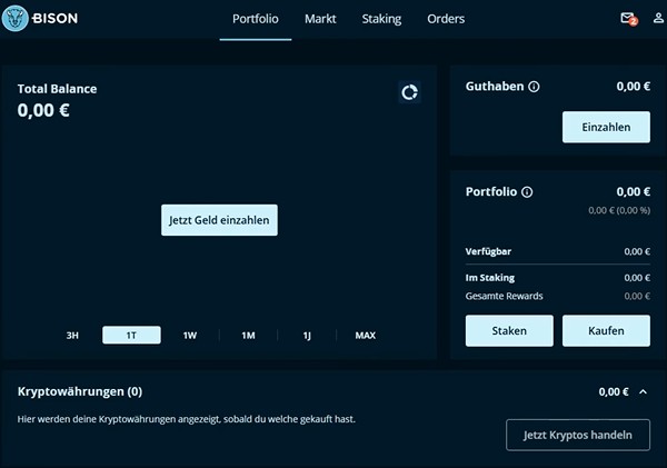 BISON Dashboard mit Portfolioübersicht, Guthaben, Staking und Einzahlungsfunktion.