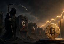 Symbolbild zum Kryptobörsensterben mit geschlossenen Handelsplattformen, einem hervorgehobenen Bitcoin und steigender Kursgrafik.