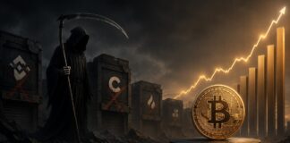 Ark Invest: Bitcoin-Börsensterben langfristig extrem bullisch für BTC und Kryptomarkt Symbolbild zum Kryptobörsensterben mit geschlossenen Handelsplattformen, einem hervorgehobenen Bitcoin und steigender Kursgrafik.