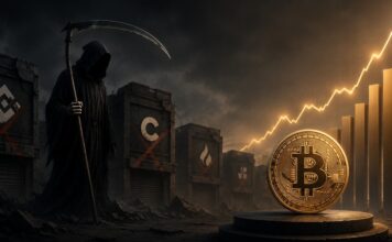 Ark Invest: Bitcoin-Börsensterben langfristig extrem bullisch für BTC und Kryptomarkt Symbolbild zum Kryptobörsensterben mit geschlossenen Handelsplattformen, einem hervorgehobenen Bitcoin und steigender Kursgrafik.