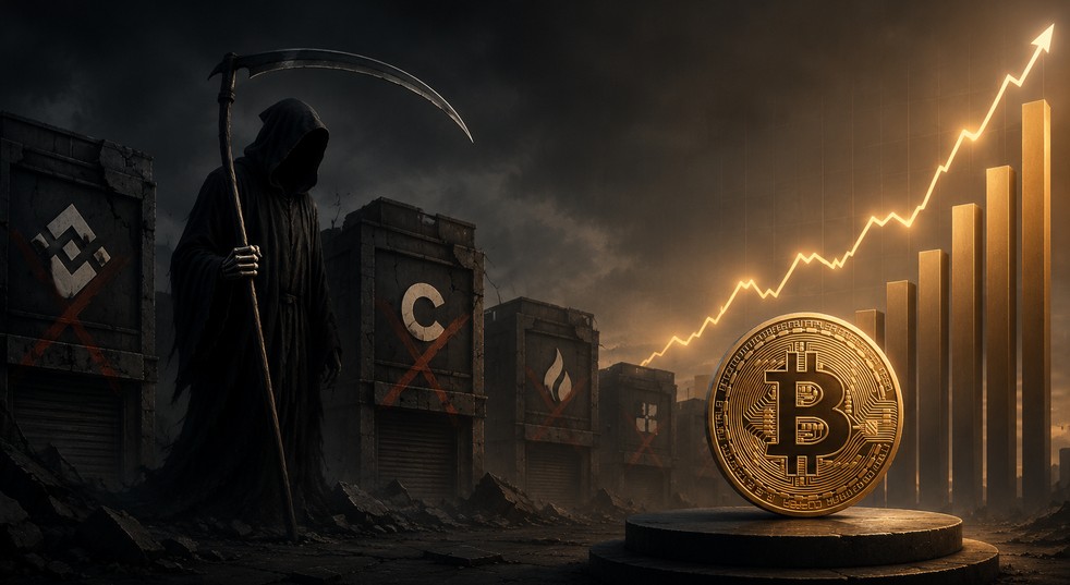 Symbolbild zum Kryptobörsensterben mit geschlossenen Handelsplattformen, einem hervorgehobenen Bitcoin und steigender Kursgrafik.