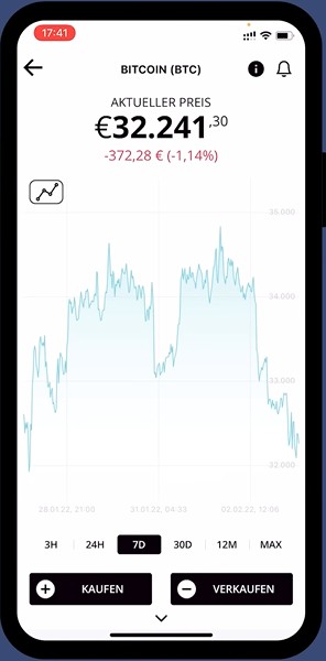 BISON App mit Bitcoin-Kurs, interaktivem Chart sowie Kauf- und Verkaufsfunktion.