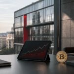 Modernes Bankgebäude mit Bitcoin-Münze und Kursdiagramm als Symbol für Santanders Investition in Spot-Bitcoin-ETFs.