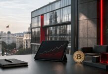 Santander hält erstmals Millionenposition in Spot-Bitcoin-ETFs Modernes Bankgebäude mit Bitcoin-Münze und Kursdiagramm als Symbol für Santanders Investition in Spot-Bitcoin-ETFs.