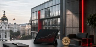Modernes Bankgebäude mit Bitcoin-Münze und Kursdiagramm als Symbol für Santanders Investition in Spot-Bitcoin-ETFs.