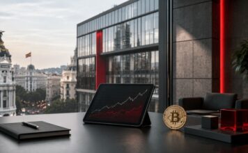 Modernes Bankgebäude mit Bitcoin-Münze und Kursdiagramm als Symbol für Santanders Investition in Spot-Bitcoin-ETFs.