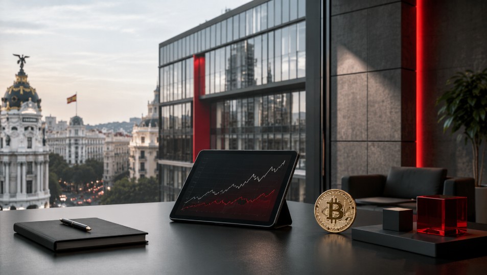 Modernes Bankgebäude mit Bitcoin-Münze und Kursdiagramm als Symbol für Santanders Investition in Spot-Bitcoin-ETFs.