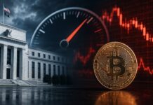 Illustration eines Fed-Gebäudes neben einer Bitcoin-Münze vor einem roten Kurschart und einem ansteigenden Zinsindikator als Symbol für die Unsicherheit vor einer möglichen US-Zinserhöhung.