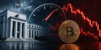 Illustration eines Fed-Gebäudes neben einer Bitcoin-Münze vor einem roten Kurschart und einem ansteigenden Zinsindikator als Symbol für die Unsicherheit vor einer möglichen US-Zinserhöhung.