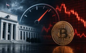 Illustration eines Fed-Gebäudes neben einer Bitcoin-Münze vor einem roten Kurschart und einem ansteigenden Zinsindikator als Symbol für die Unsicherheit vor einer möglichen US-Zinserhöhung.