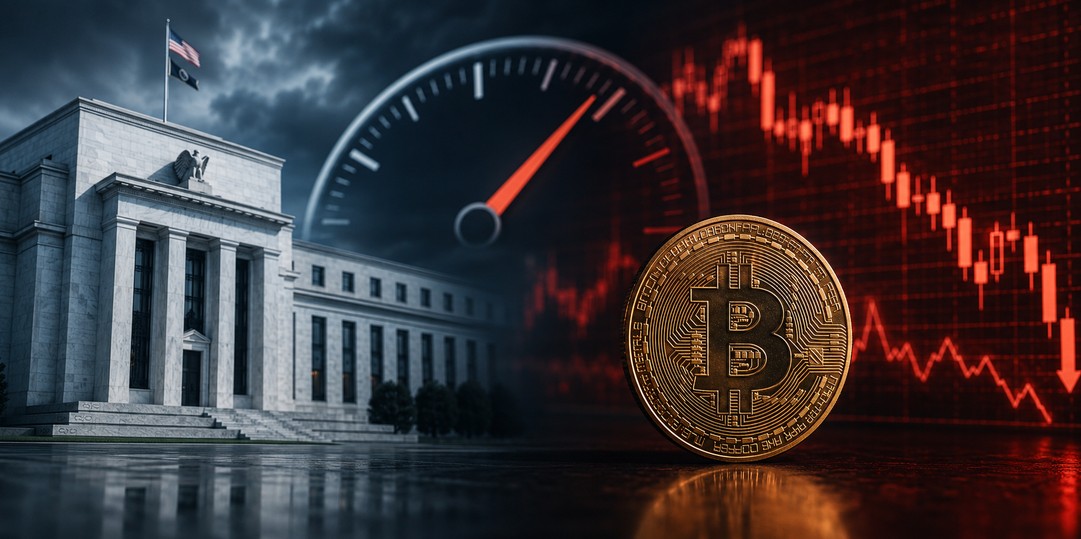 Illustration eines Fed-Gebäudes neben einer Bitcoin-Münze vor einem roten Kurschart und einem ansteigenden Zinsindikator als Symbol für die Unsicherheit vor einer möglichen US-Zinserhöhung.