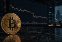 Glassnode: Darum fehlt Bitcoin derzeit die Kraft für eine Rally Bitcoin vor fallendem Kurschart in einem dunklen Handelsraum