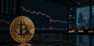 Glassnode: Darum fehlt Bitcoin derzeit die Kraft für eine Rally Bitcoin vor fallendem Kurschart in einem dunklen Handelsraum