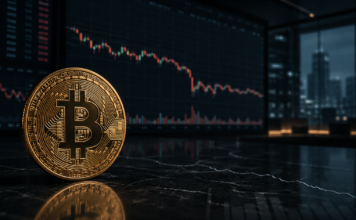 Glassnode: Darum fehlt Bitcoin derzeit die Kraft für eine Rally Bitcoin vor fallendem Kurschart in einem dunklen Handelsraum