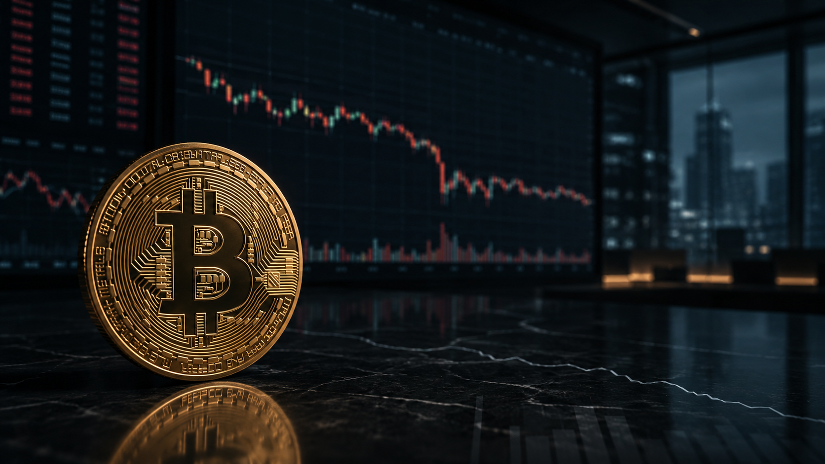 Bitcoin vor fallendem Kurschart in einem dunklen Handelsraum