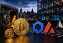 Lombard Finance startet Bitcoin-Kreditstrategie mit Chainlink, Ethereum und Avalanche über CCIP Bitcoin, Chainlink, Avalanche und Ethereum symbolisieren eine institutionelle Bitcoin-Kreditstrategie mit einem digitalen Tresor im Hintergrund.