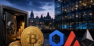 Bitcoin, Chainlink, Avalanche und Ethereum symbolisieren eine institutionelle Bitcoin-Kreditstrategie mit einem digitalen Tresor im Hintergrund.