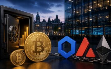 Bitcoin, Chainlink, Avalanche und Ethereum symbolisieren eine institutionelle Bitcoin-Kreditstrategie mit einem digitalen Tresor im Hintergrund.