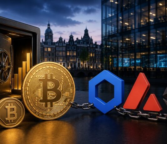 Bitcoin, Chainlink, Avalanche und Ethereum symbolisieren eine institutionelle Bitcoin-Kreditstrategie mit einem digitalen Tresor im Hintergrund.