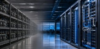 Modernes Rechenzentrum mit Bitcoin-Mining-Anlagen und KI-Servern im Übergang