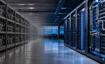 Modernes Rechenzentrum mit Bitcoin-Mining-Anlagen und KI-Servern im Übergang