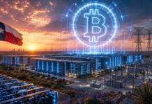 Futuristischer Bitcoin-Mining- und KI-Campus in Texas mit großem Bitcoin-Logo