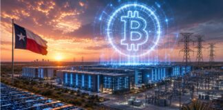 Futuristischer Bitcoin-Mining- und KI-Campus in Texas mit großem Bitcoin-Logo